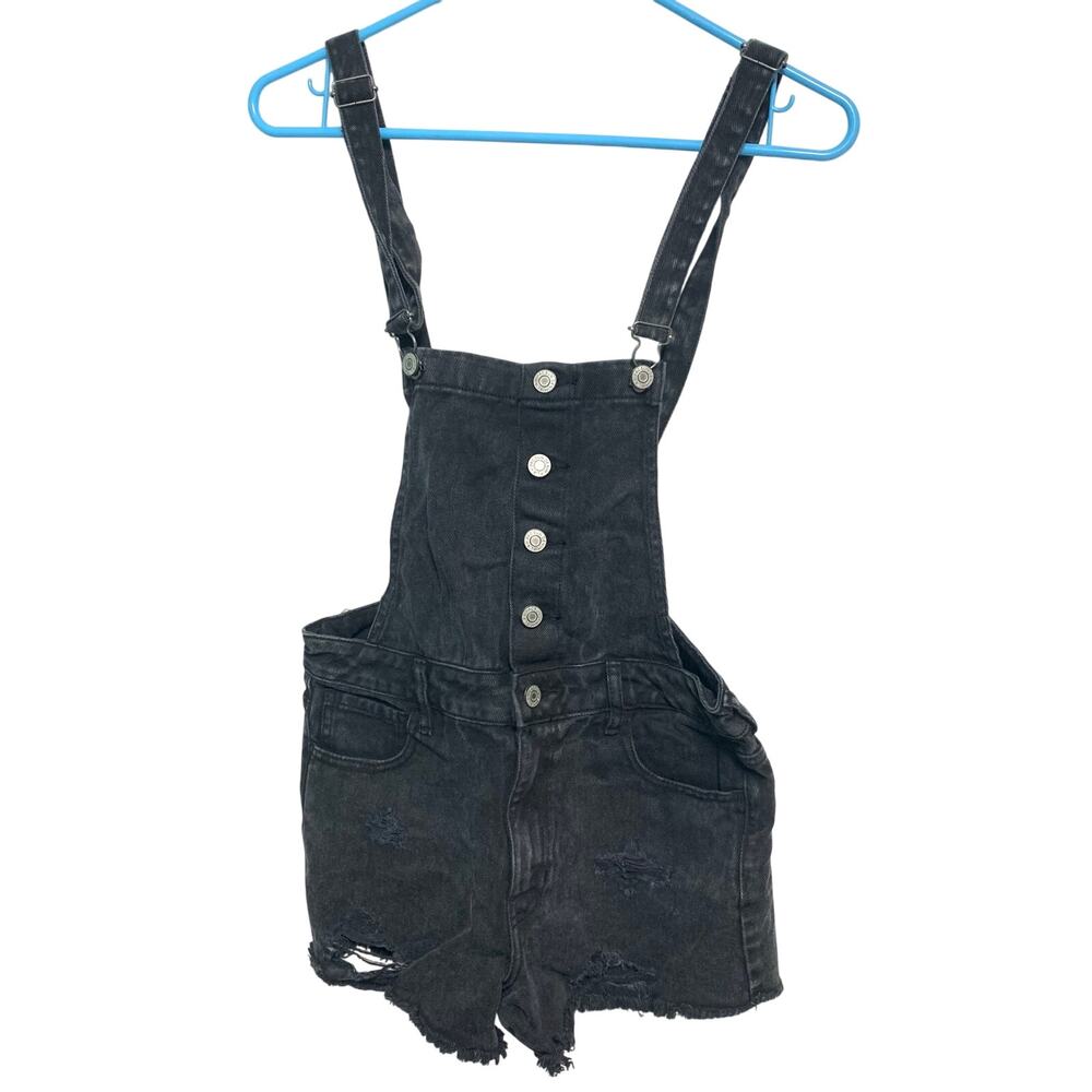 Pacsun Women's Black Cotton Denim Distressed Overall Shorts Size 26